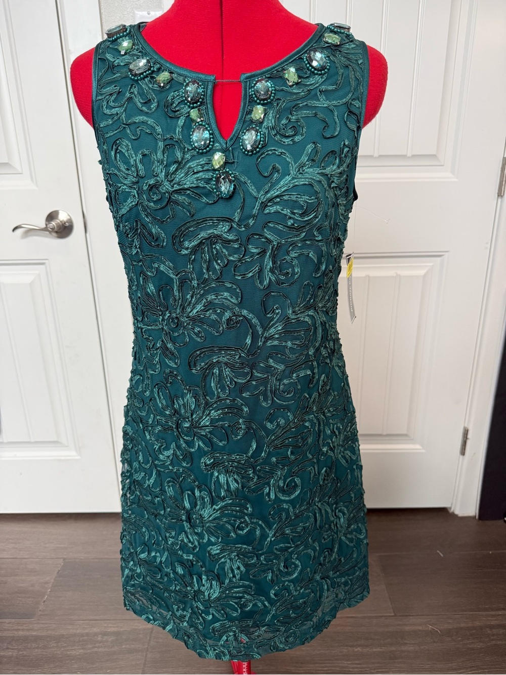Elegant Teal Sheath Beaded Sleeveless Floral Soutache Embroidered Dress Sz 8 NWT